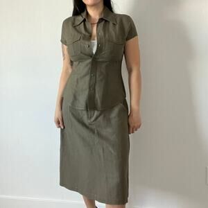 New York & Company 90s linen blend set‎ skirt button down shirt blouse